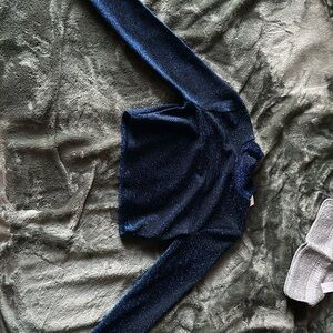 A blue turtleneck crop top with shimmy sparkles on it